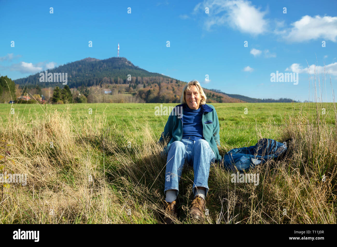 29.10.2014, Grandfontaine, Grand Est, France - German pensioner in front of the Col du Donon in Alsace in the Northern Vosges. 00A141029D082CAROEX.JPG Stock Photo