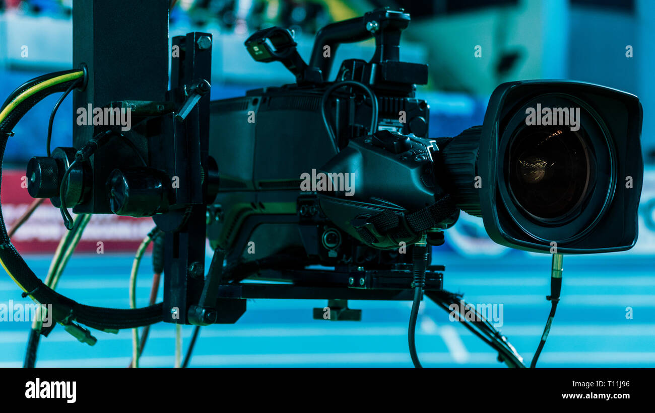 camera record on crane in production on studio and light to stage for