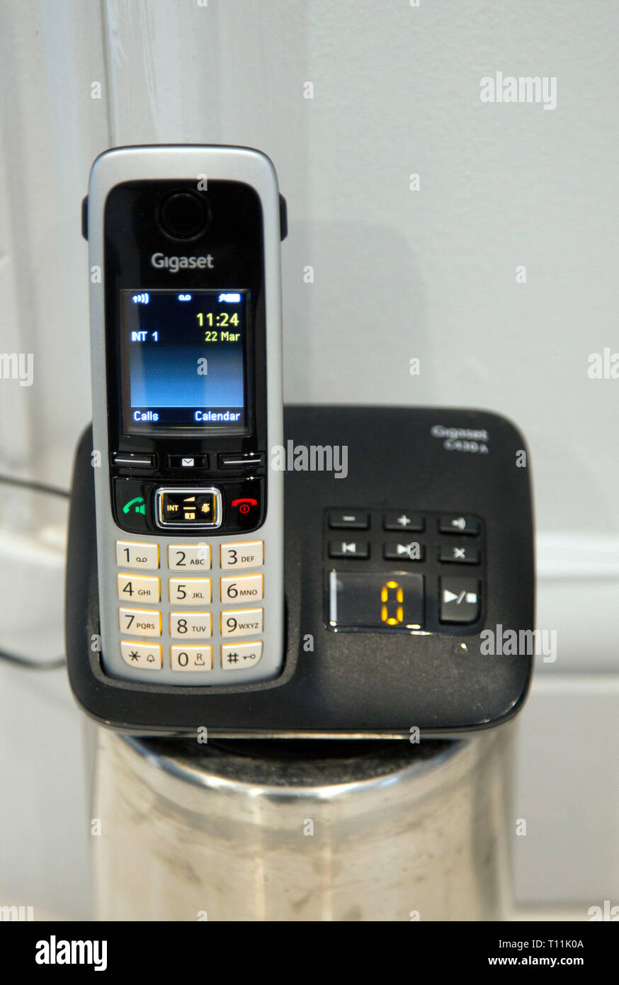 Gigaset brand cordless landline telephone with answering machine, London Stock Photo