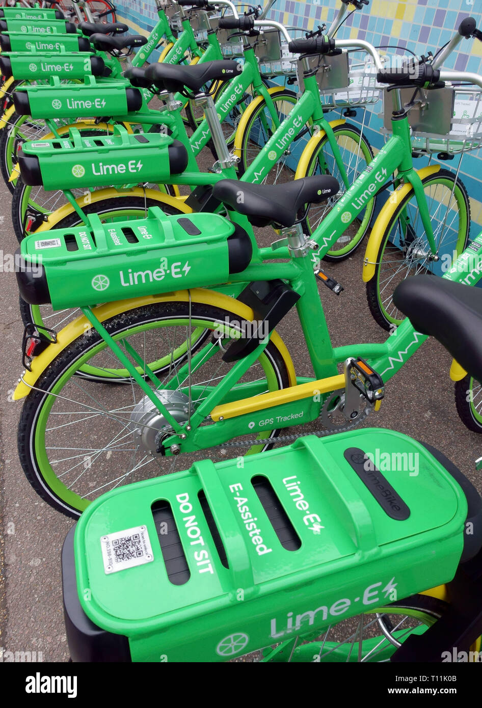 Lime E battery assisted rental bikes, London Stock Photo