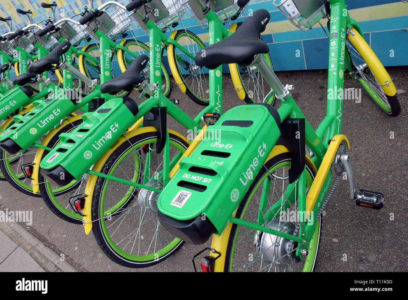 Lime E battery assisted rental bikes, London Stock Photo