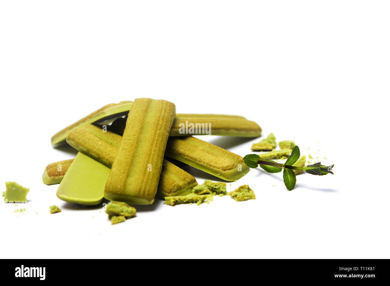 Matcha green tea flavored biscuits isolated on white Stock Photo