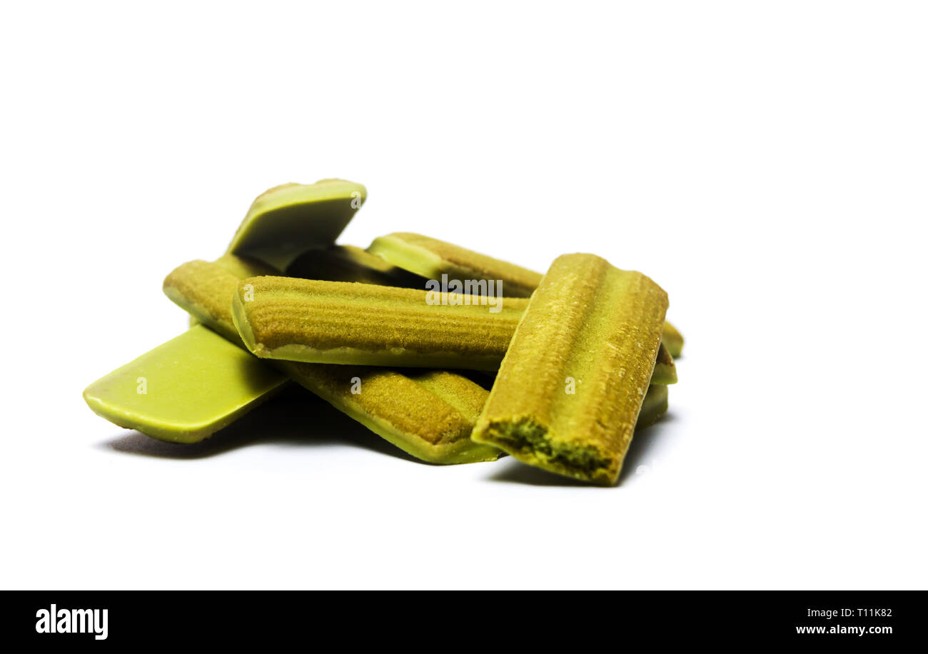 Matcha green tea flavored biscuits isolated on white Stock Photo Alamy