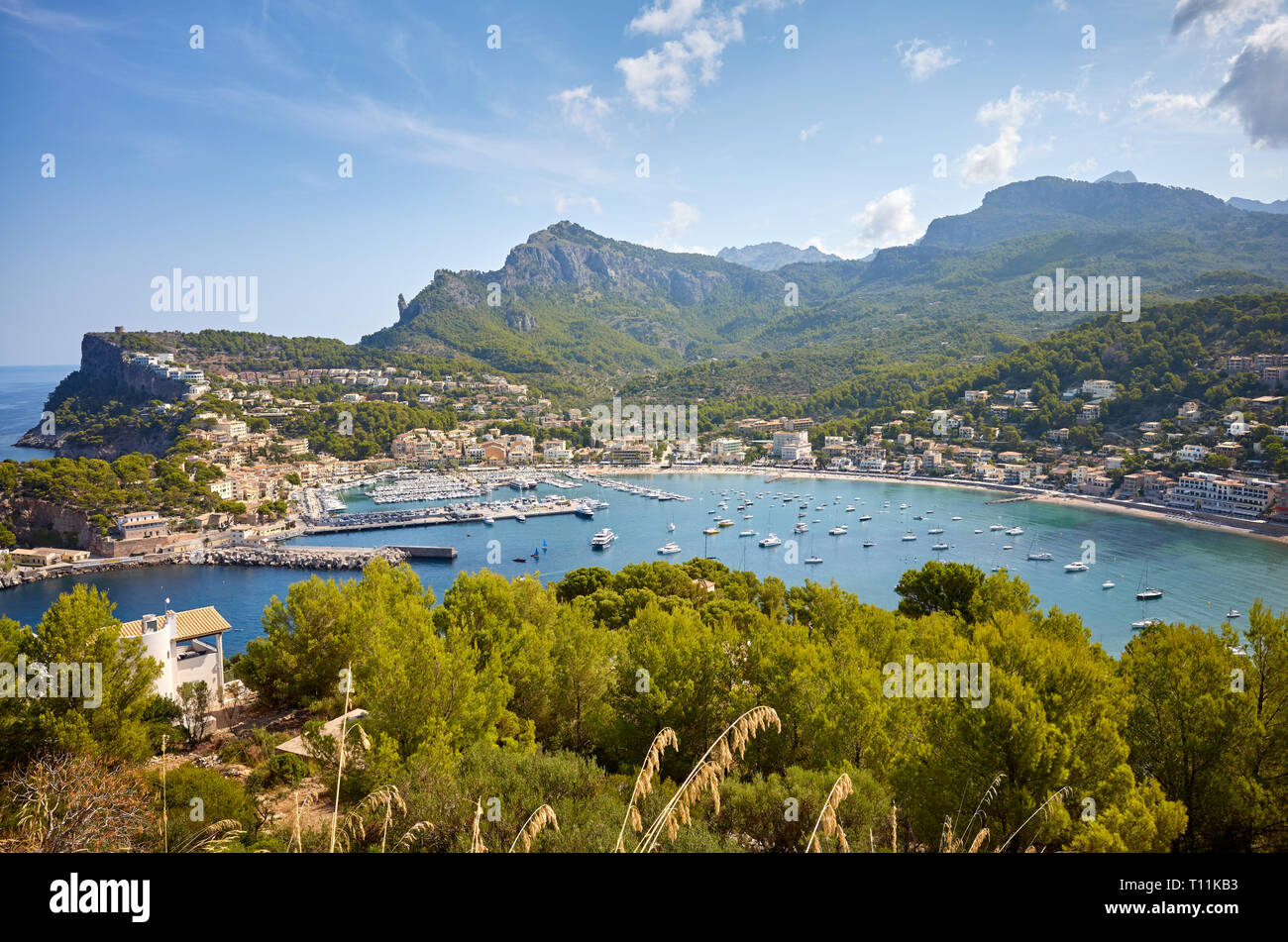 Panoramic view of Port de Soller, Mallorca. Stock Photo