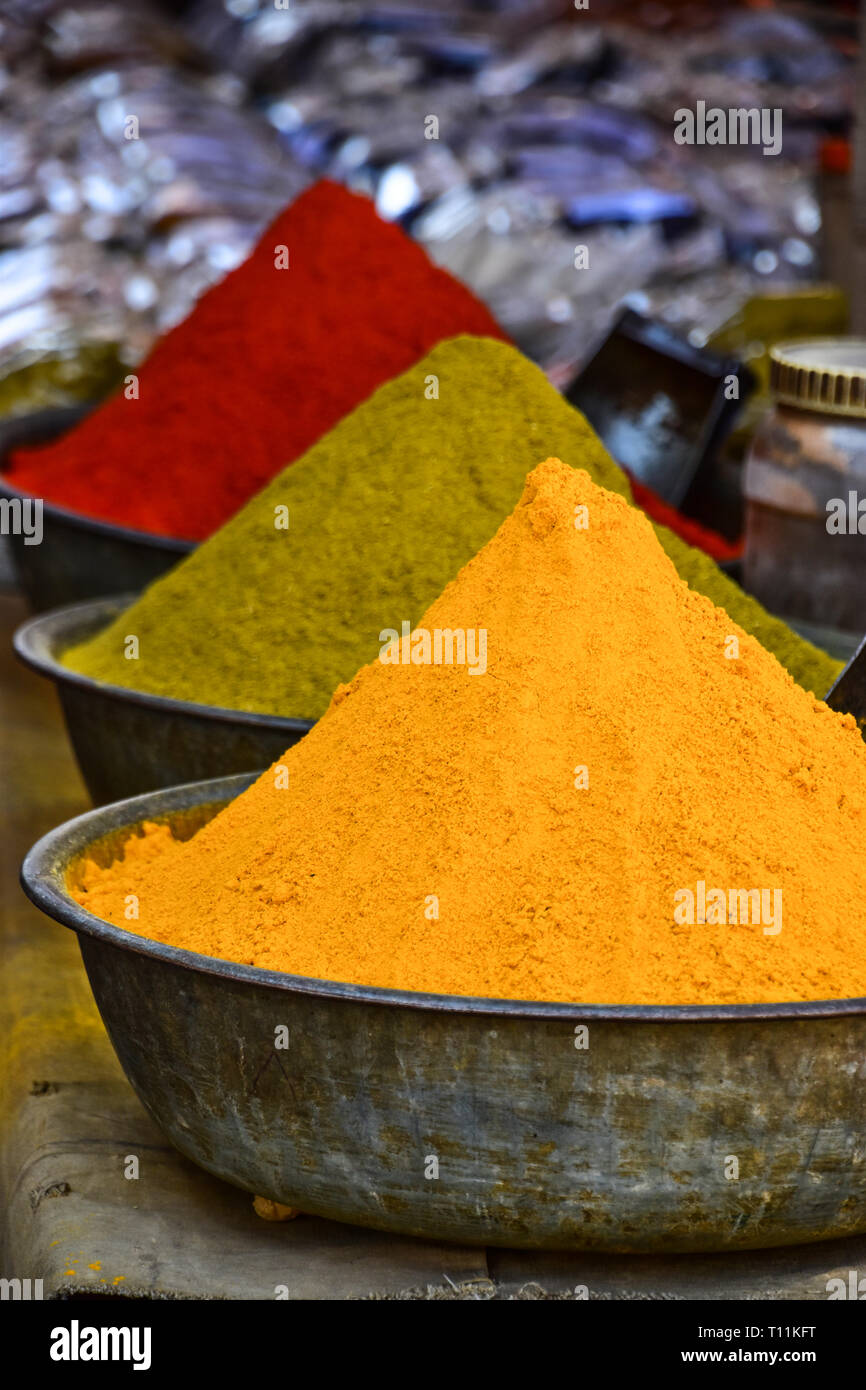 Coloured Spices, Sardar Market, Jodhpur, Rajasthan, India Stock Photo