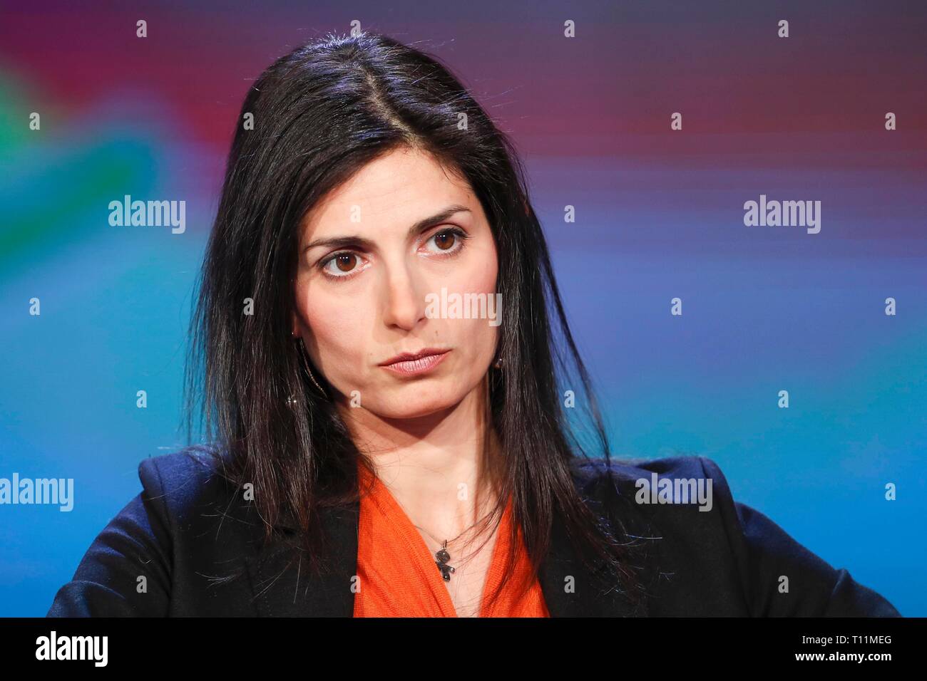 Italy, Rome, March 20, 2019 : Virginia Raggi, Mayor of Rome, during the talk show TV 'Porta a Porta', following the arrest for corruption of the Presi Stock Photo
