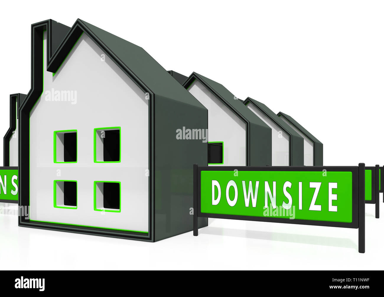Downsize Home Icons Means Downsizing Property Due To Retirement Or Budget. Find A Tiny House Or Apartment - 3d Illustration Stock Photo