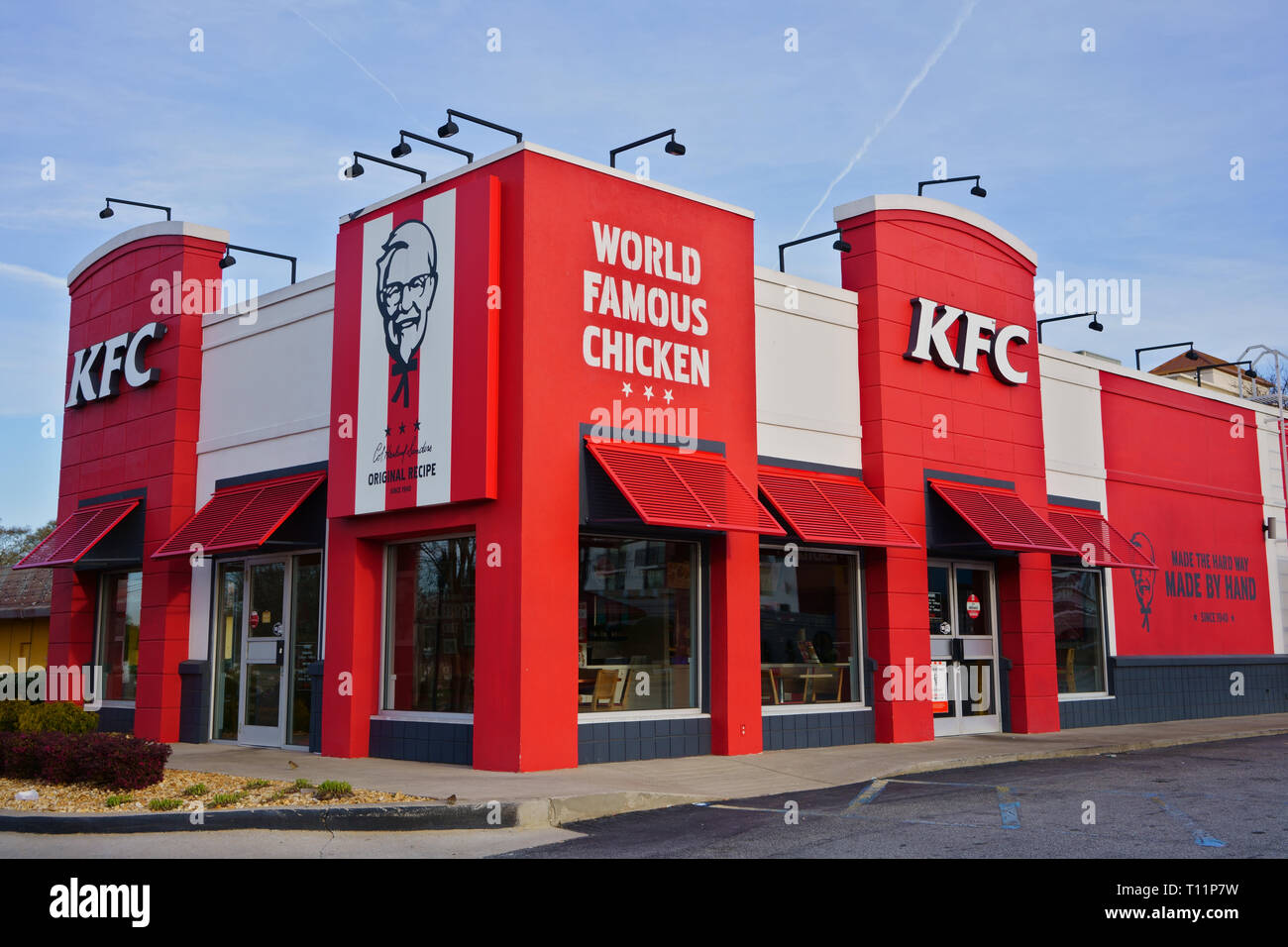 ATLANTA, GEORGIA, USA - MARCH 19, 2019: KFC Kentucky Fried Chicken fast food restaurant. American restaurant chain, specializing in fried chicken. Stock Photo