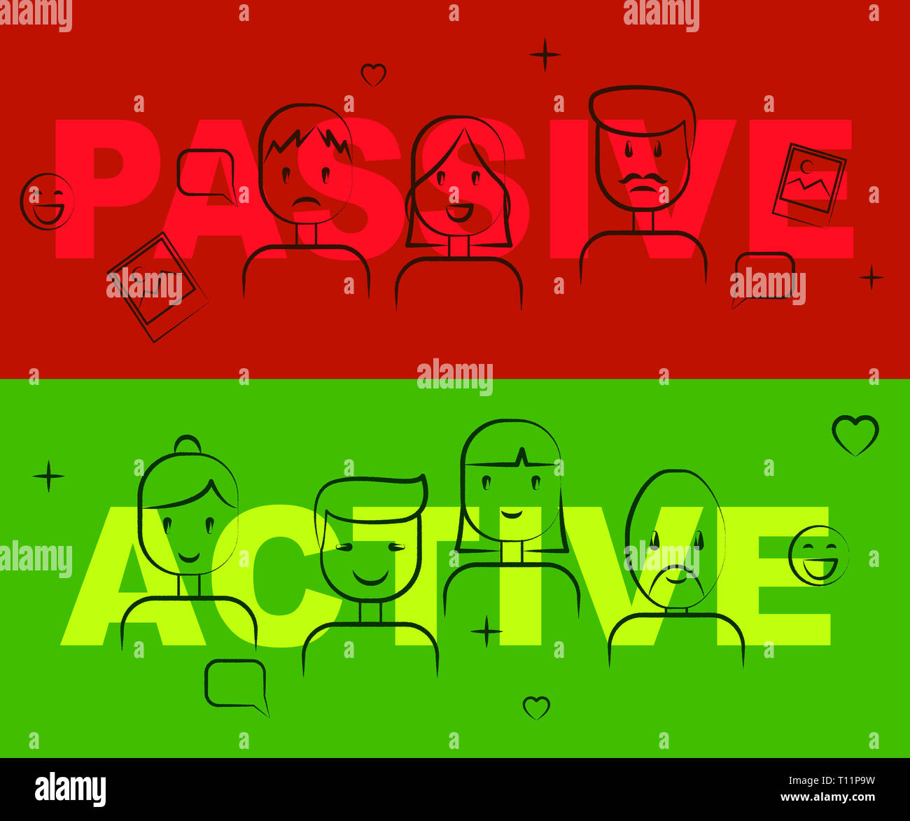 Active Vs Passive Words Shows Positive Energy Attitude Or Negative Laziness 3d Illustration