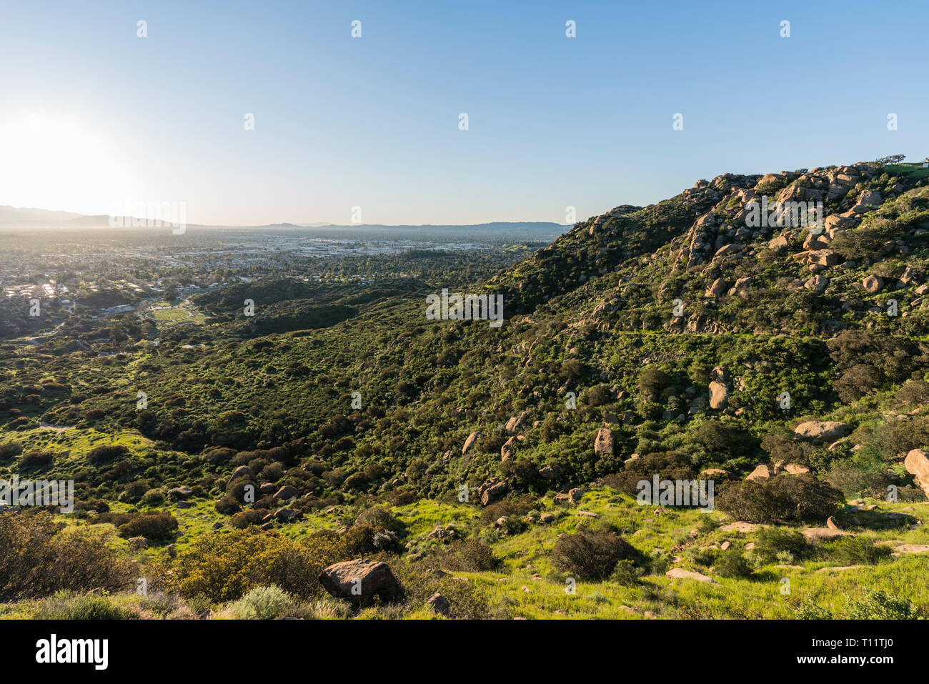 Early spring morning view of Los Angeles and the San Fernando Valley from hilltop at Santa Susana Pass State Historic Park. Stock Photo