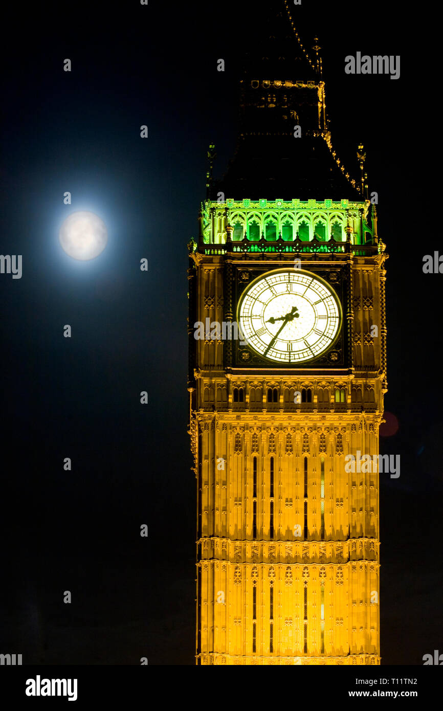 Great Britain, England, London.  Big Ben, time and moon. Stock Photo