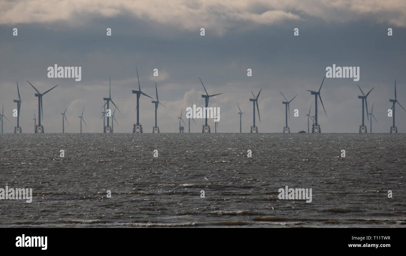 View out towards the Irish Sea looking towards the Ormonde & Walney Offshore Windfarms, Cumbria, UK. Stock Photo