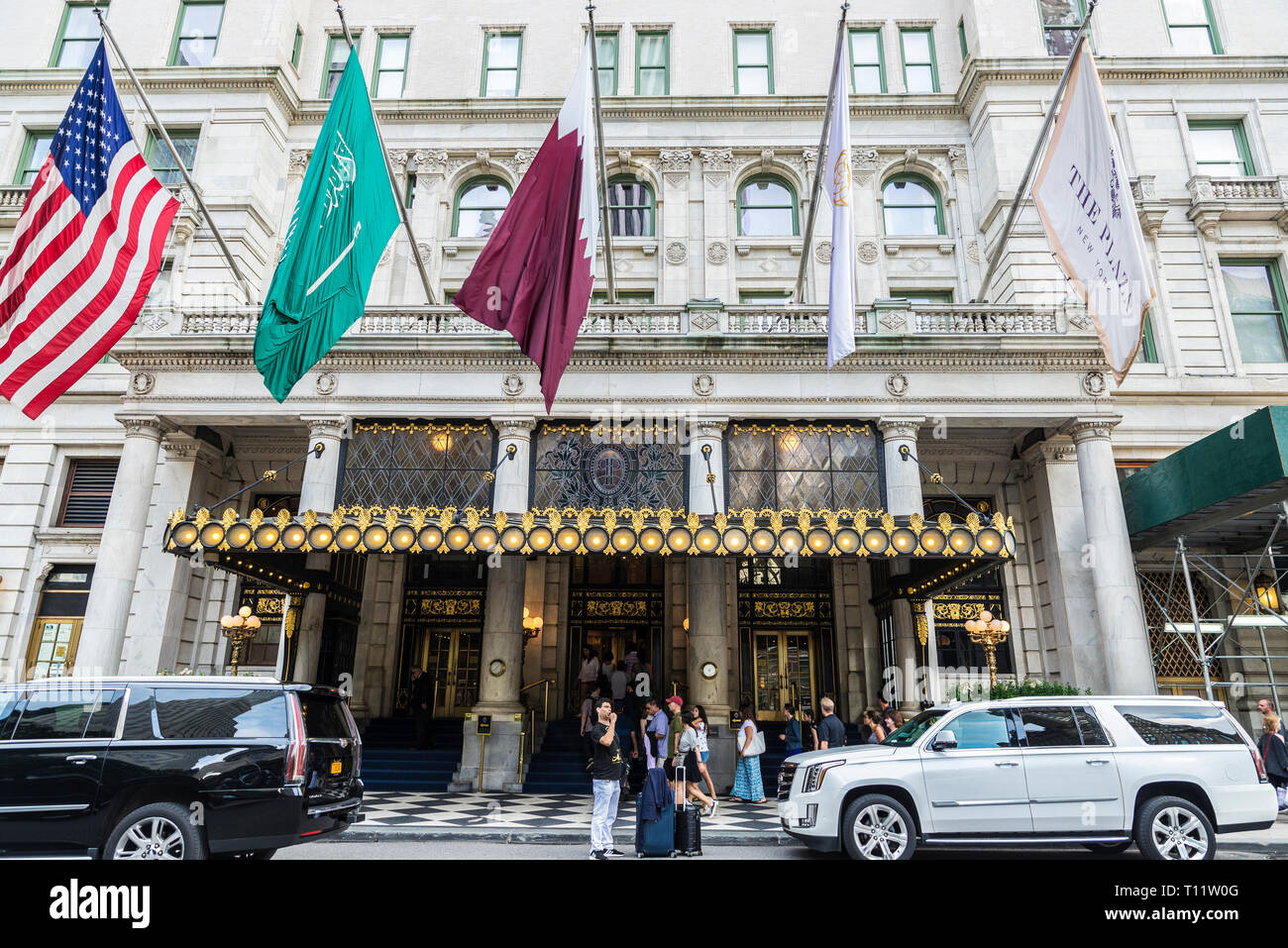 New York City, USA - July 28, 2018: Entrance of the Plaza Hotel, a luxury hotel and condominium apartment building in the Midtown Manhattan next to Ce Stock Photo