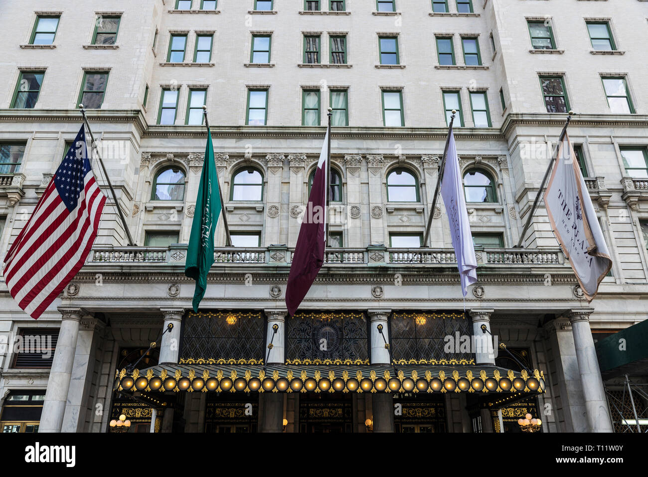 New York City, USA - July 28, 2018: Entrance of the Plaza Hotel, a luxury hotel and condominium apartment building in the Midtown Manhattan next to Ce Stock Photo