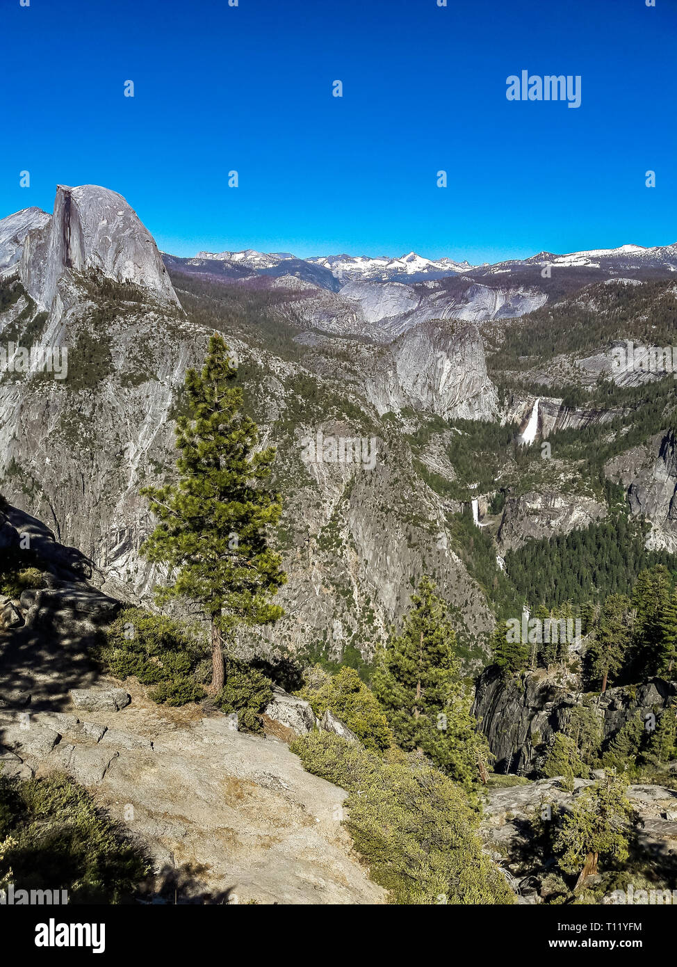 view on half dome and waterfalls in yosemite national park, california usa Stock Photo