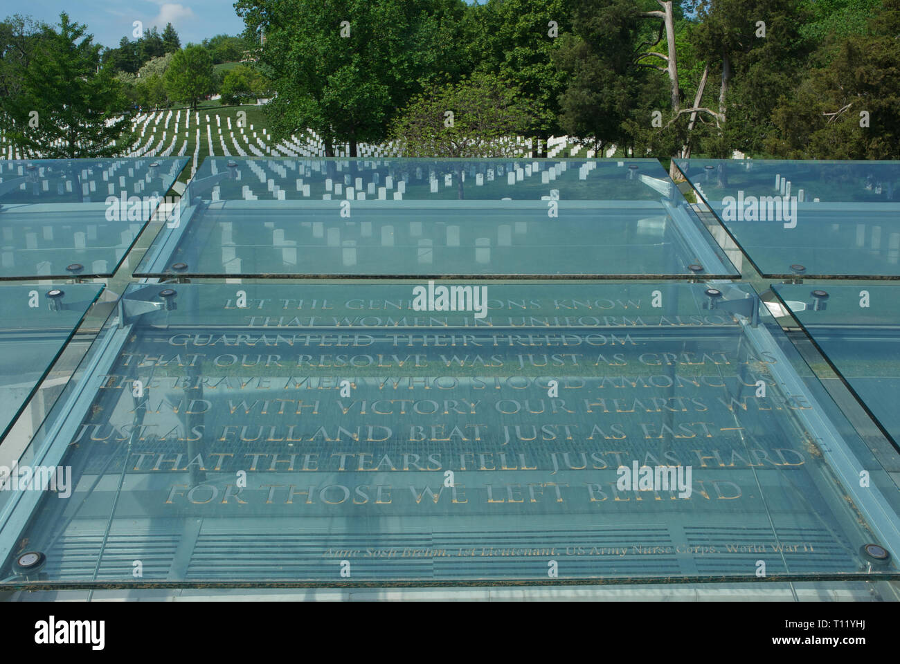 Arlington National  Cemetery. 4-20-2012 Arlington National Cemetery, in Arlington County, Virginia, directly across the Potomac River from the Lincoln Memorial, is a United States military cemetery beneath whose 624 acres (253 ha) have been laid casualties, and deceased veterans, of the nation's conflicts beginning with the American Civil War, as well as reinterred dead from earlier wars. It was established during the Civil War on the grounds of Arlington House, which had been the estate of the family of Confederate general Robert E. Lee's wife Mary Anna (Custis) Lee (a great-granddaughter of  Stock Photo