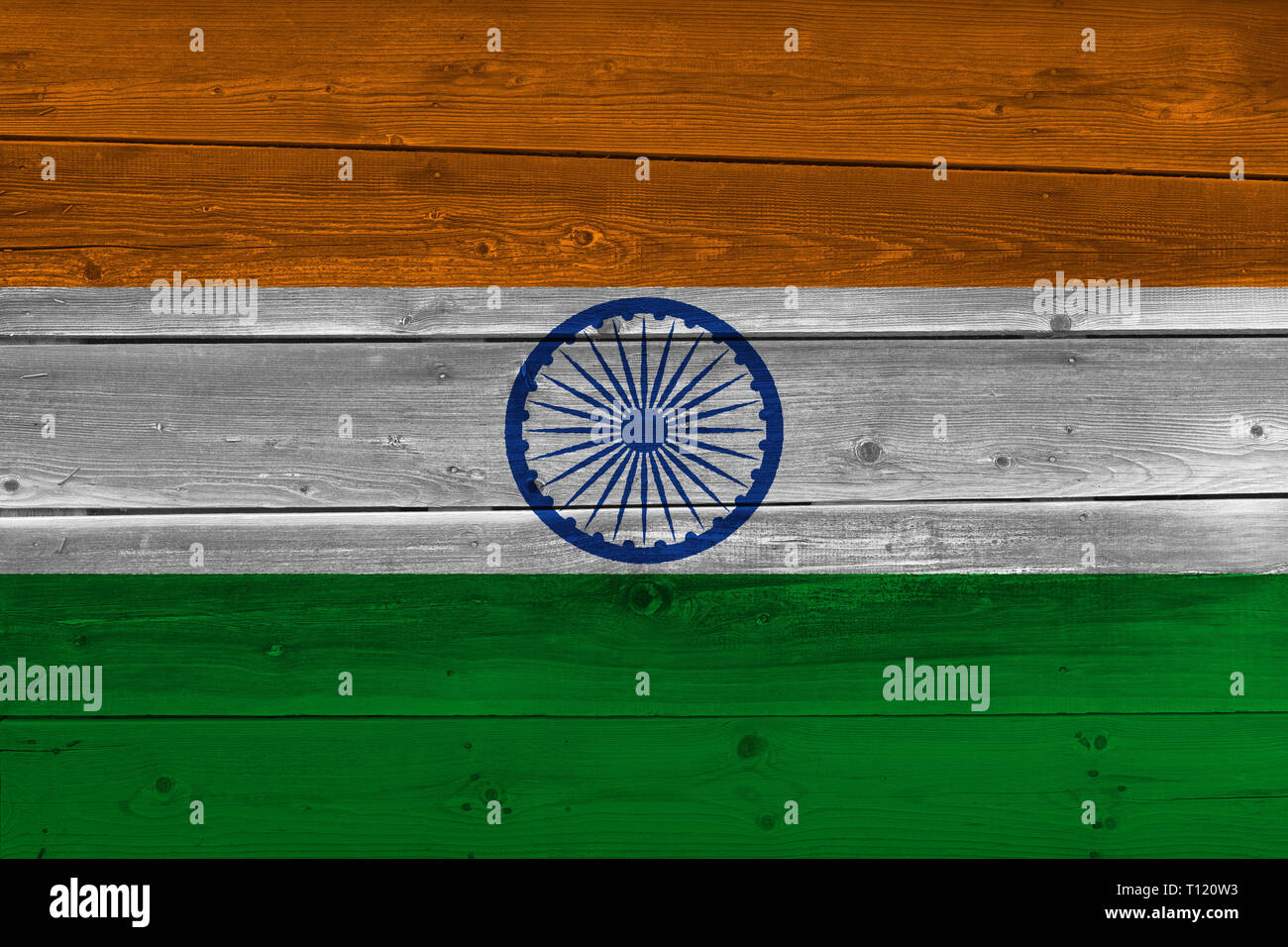 India flag painted on old wood plank. Patriotic background. National ...