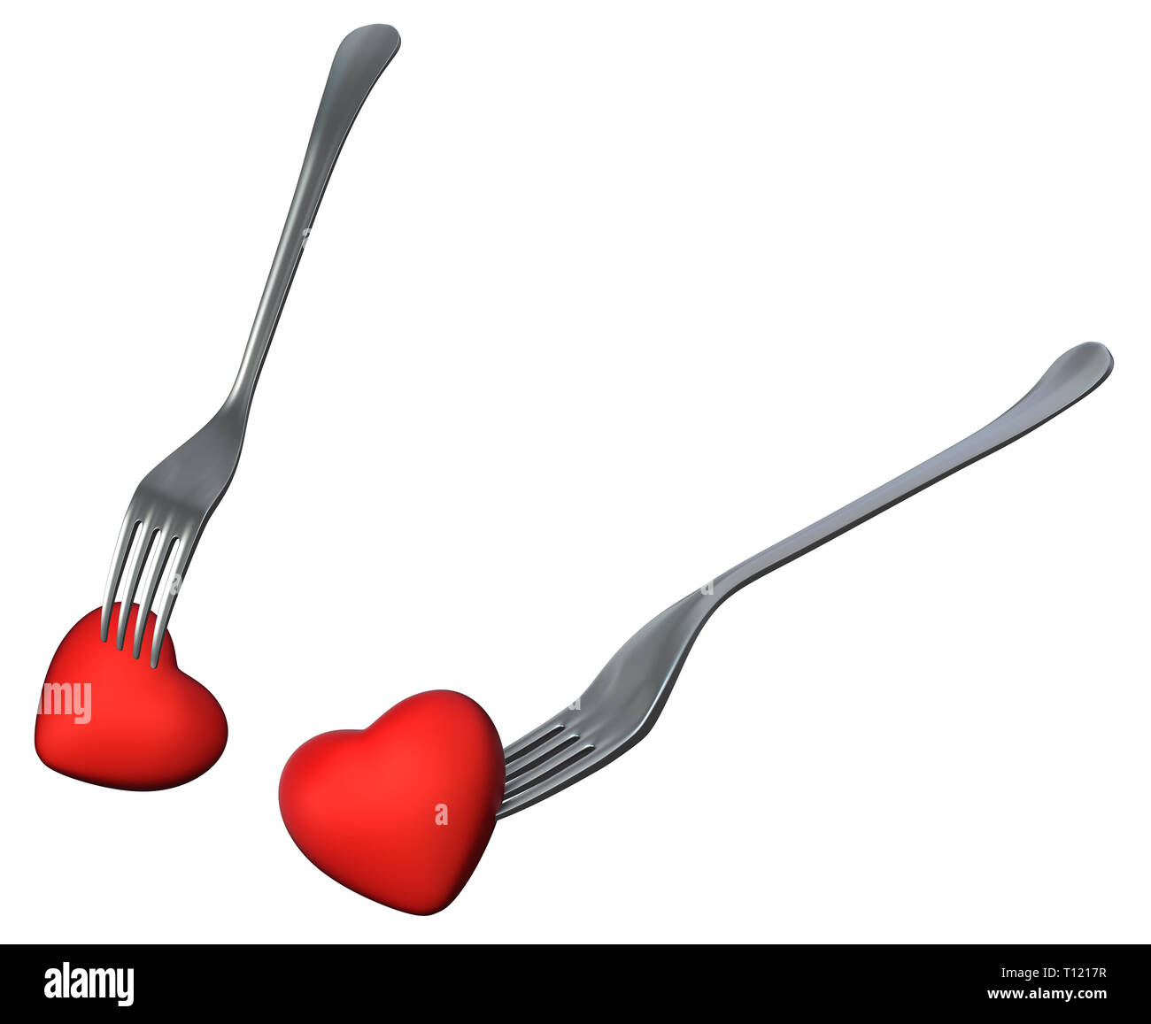 Fork metal Valentine hearts two, 3d illustration, horizontal, isolated, over white Stock Photo