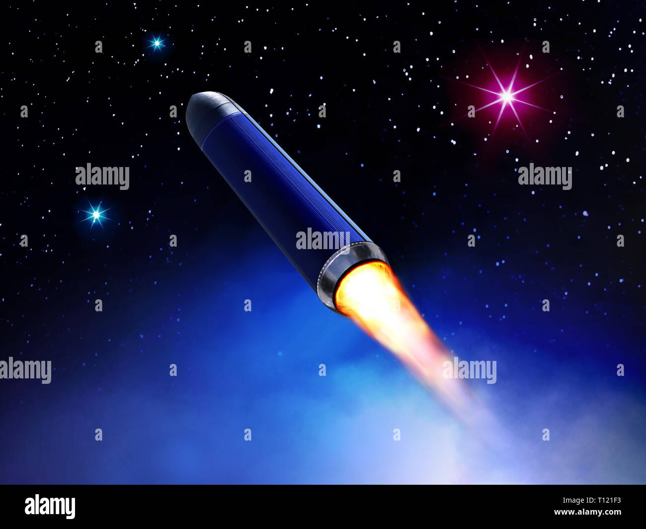 3D illustration of rocket flies in space among stars Stock Photo - Alamy