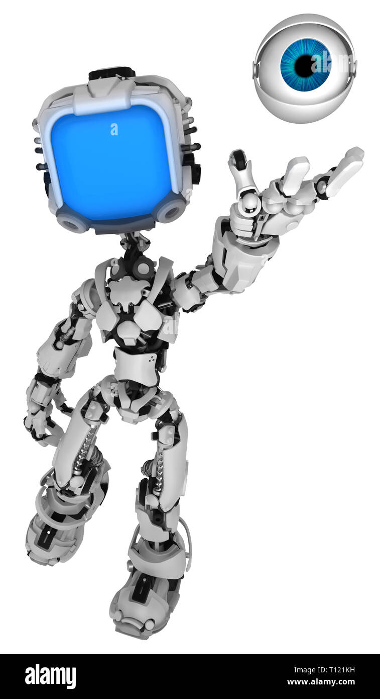 Screen robot figure character pose holding electronic camera eye, 3d  illustration, vertical, isolated Stock Photo - Alamy