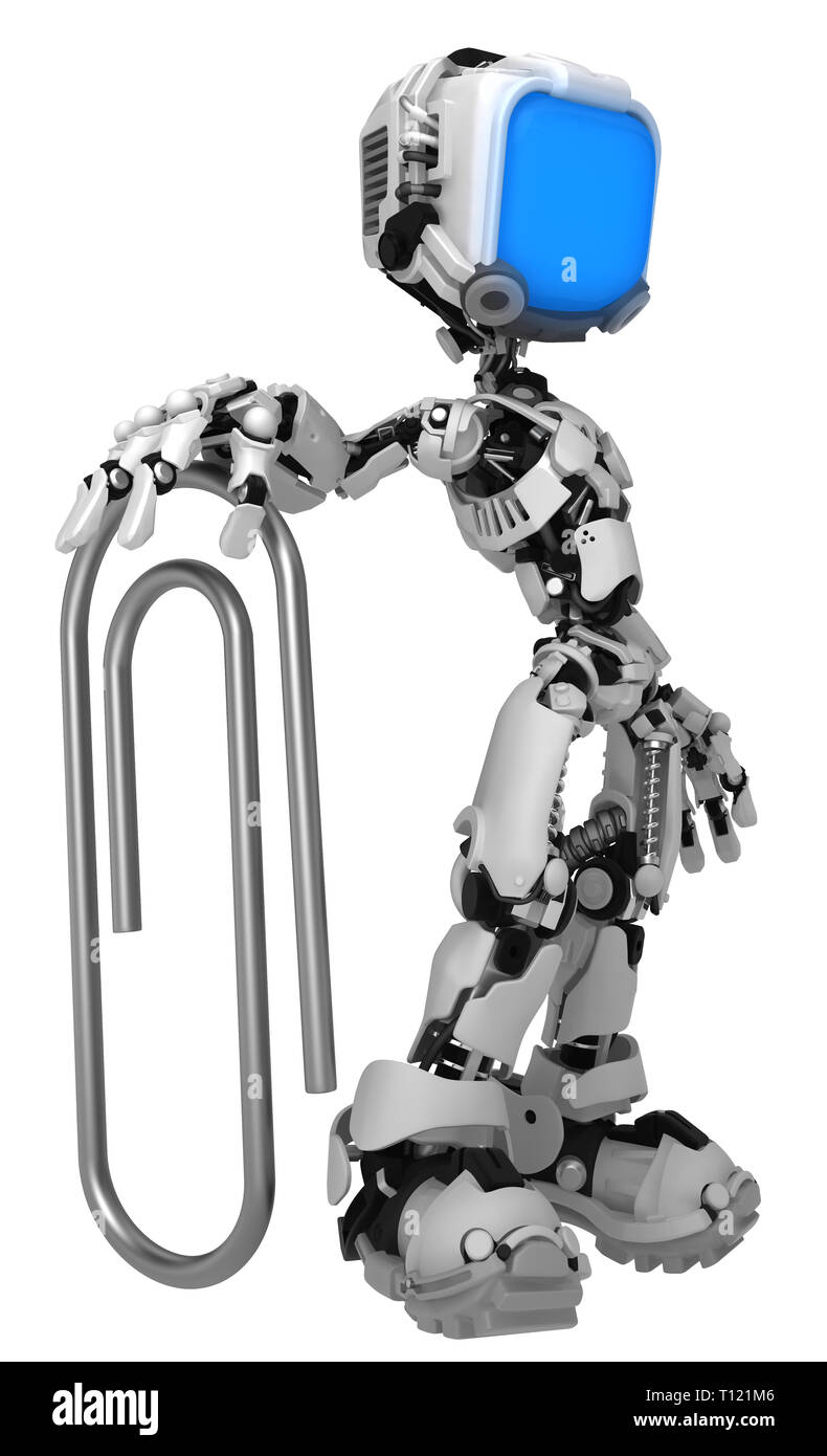 Screen robot figure character pose with big paperclip, 3d illustration