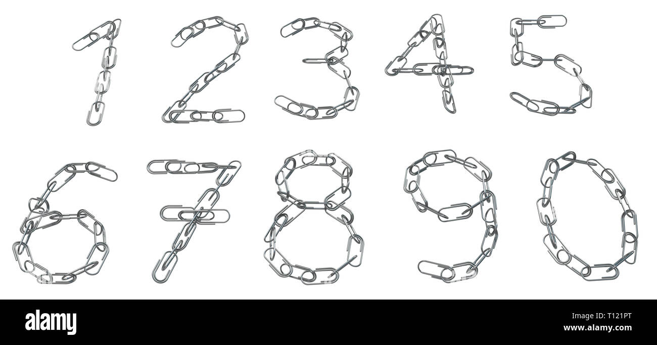Metal paperclip chain numbers office supplies isolated, 3d illustration