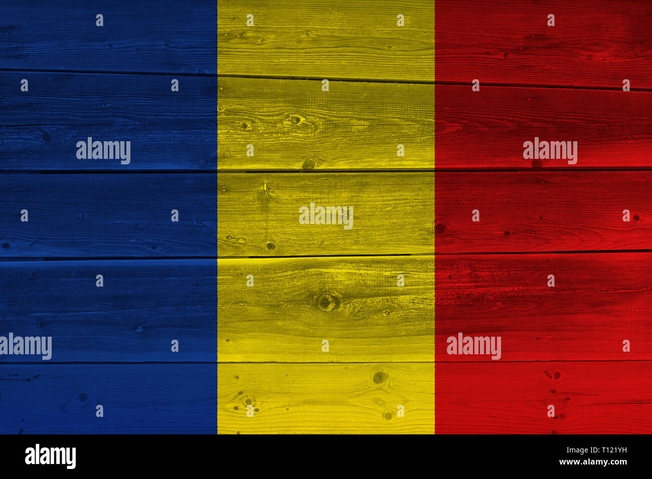 Romania flag painted on old wood plank. Patriotic background. National ...