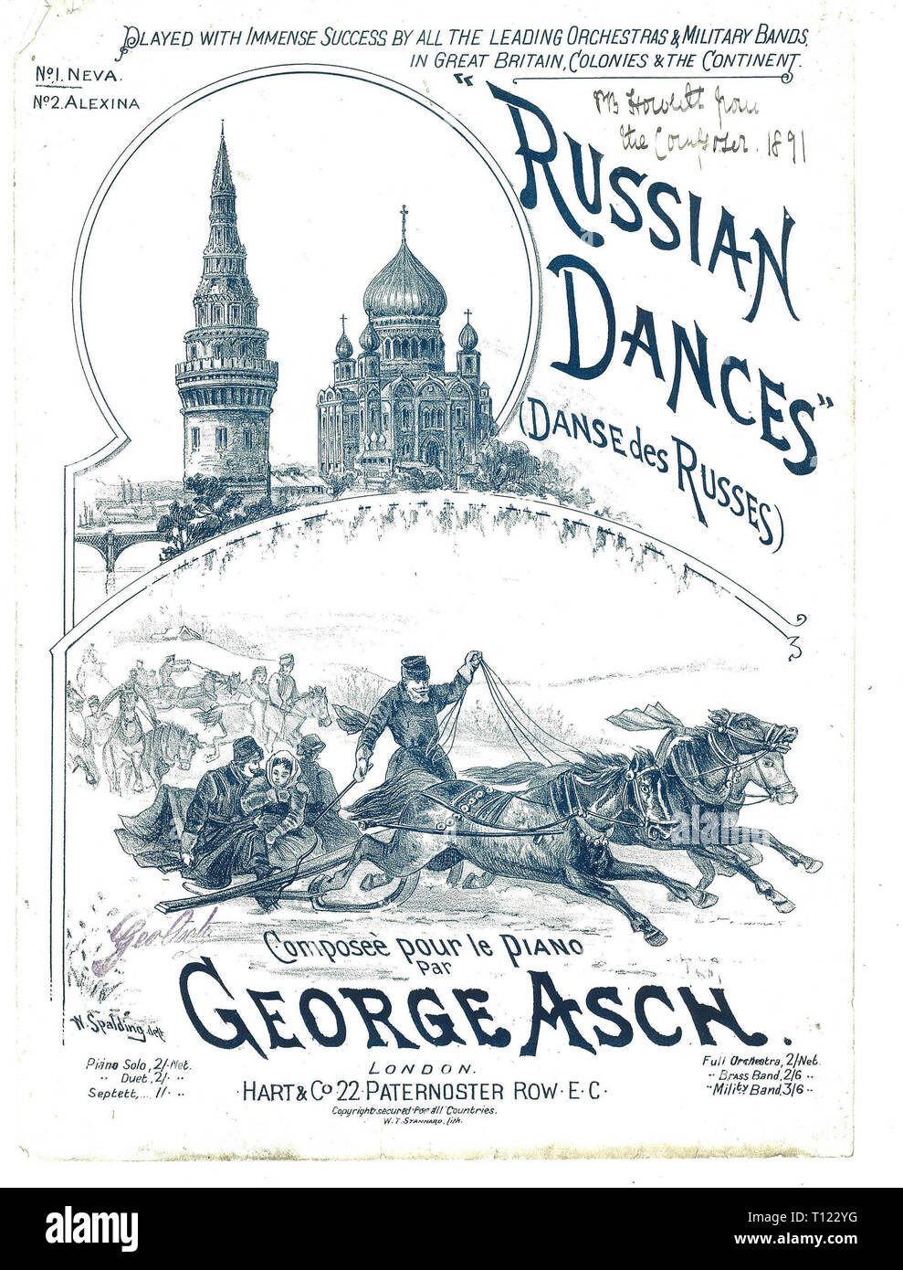 Sheet music cover for Russian Dances by George Asch, signed and dated by composer 1891 Stock Photo