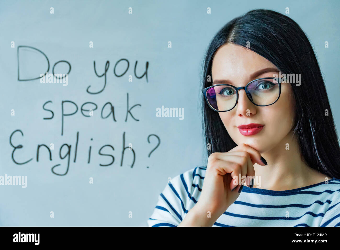 Beautiful girl with glasses and words do you speak English Stock Photo ...