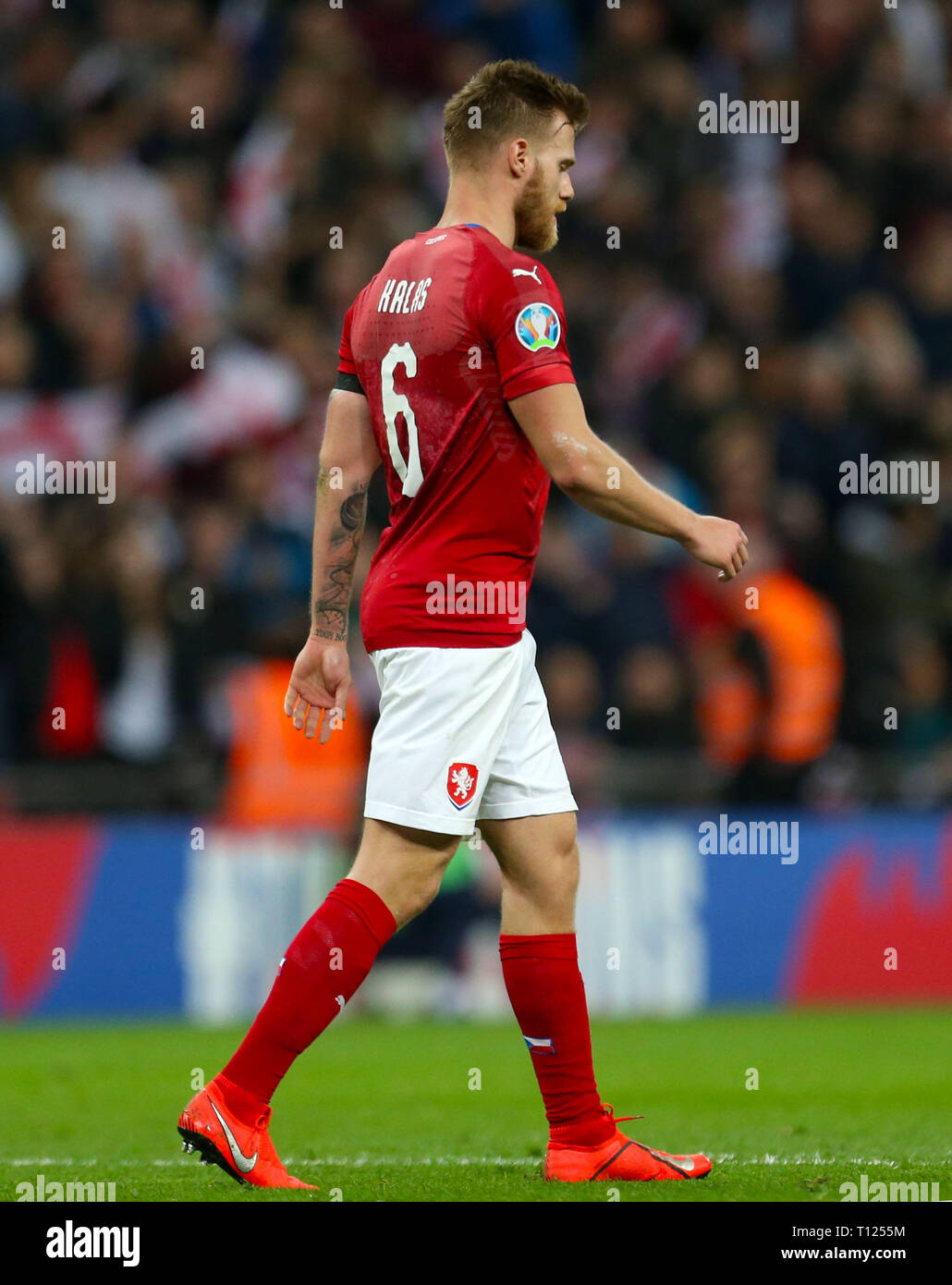 Czech Republic's Tomas Kalas shows his dejection after scoring an own goal during the UEFA Euro 2020 Qualifying, Group A match at Wembley Stadium, London. Stock Photo