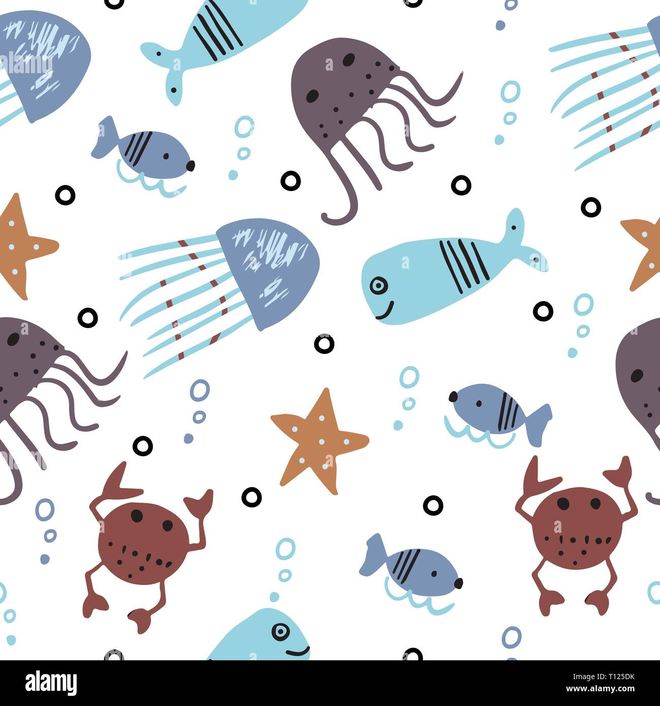 Seamless pattern with sea animals in scandinavian style. Vector ...