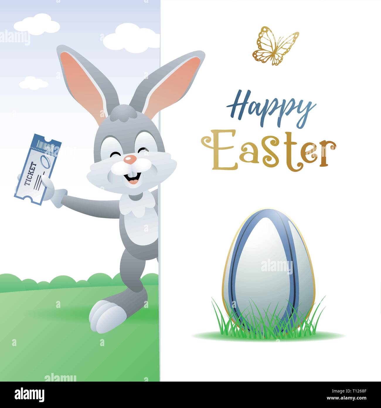 Happy Easter. Sports greeting card. Cute Rabbit with Rugby Egg and Ticket. Vector illustration. Stock Vector