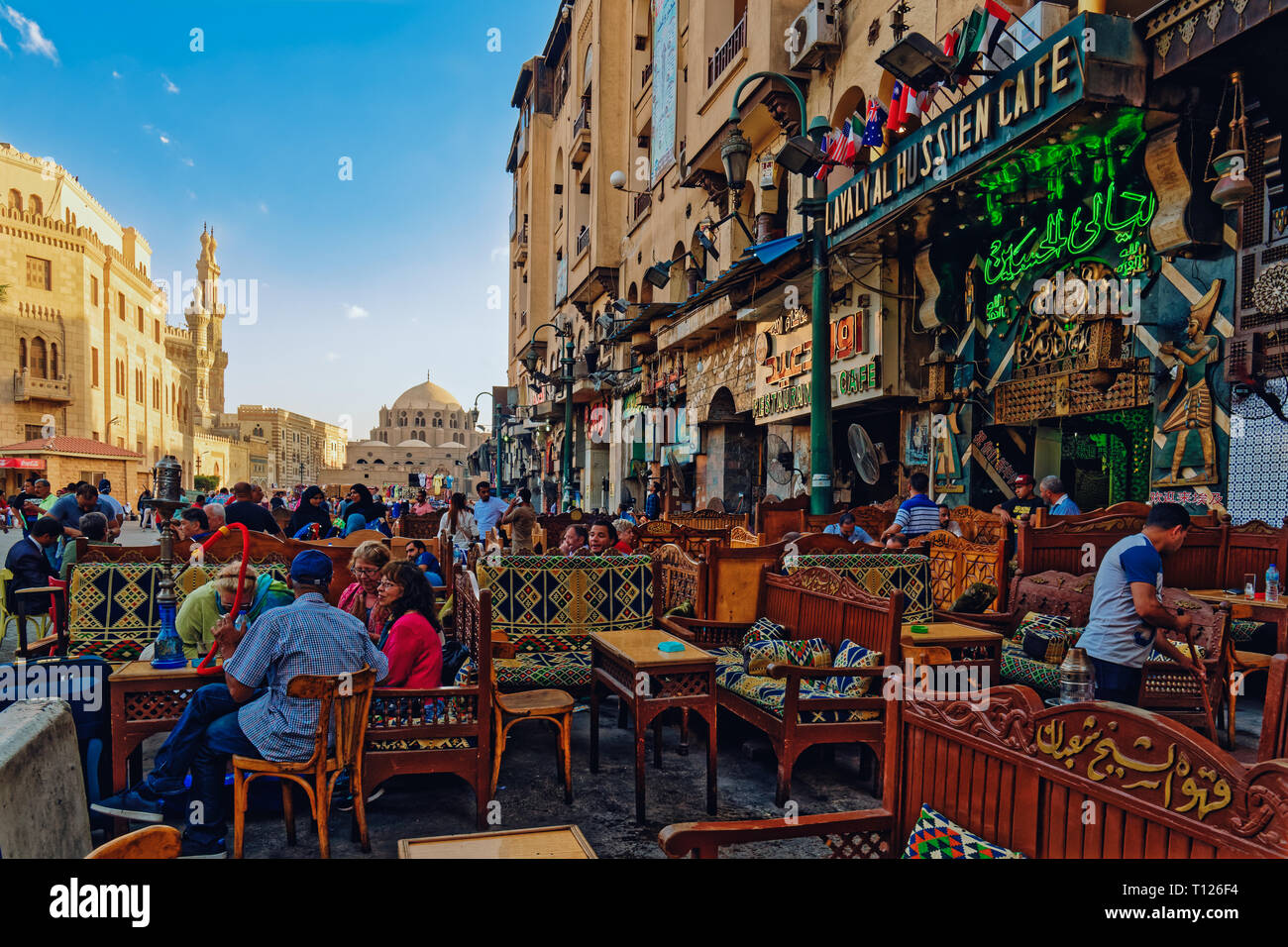 Late afternoon get together at the Restaurants and cafes in Husayn square Islamic Cairo Stock Photo