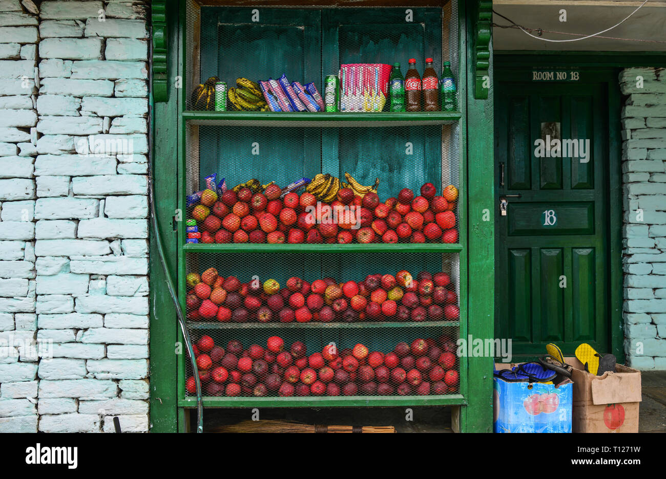 Tadapani, Nepal Oct 21, 2017. Grocery store with apple fruits at