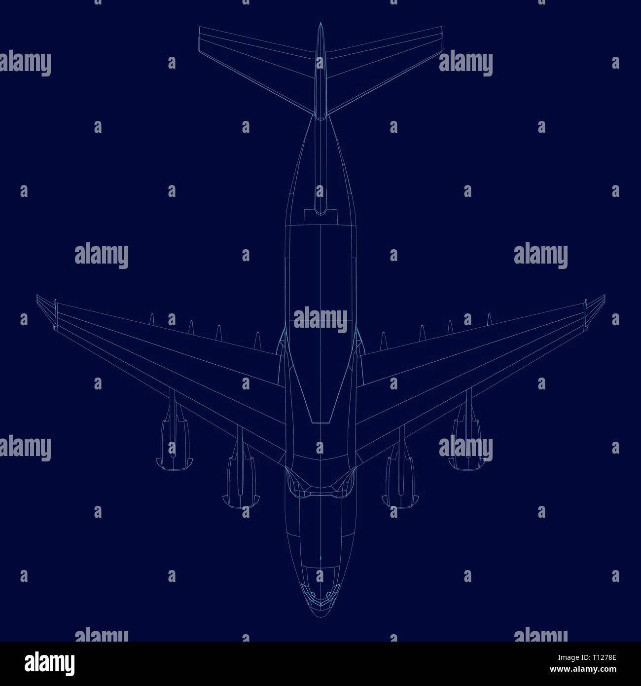 Contour of the plane of the blue lines on a dark background. Contour of the passenger aircraft. View from above. Vector illustration Stock Vector