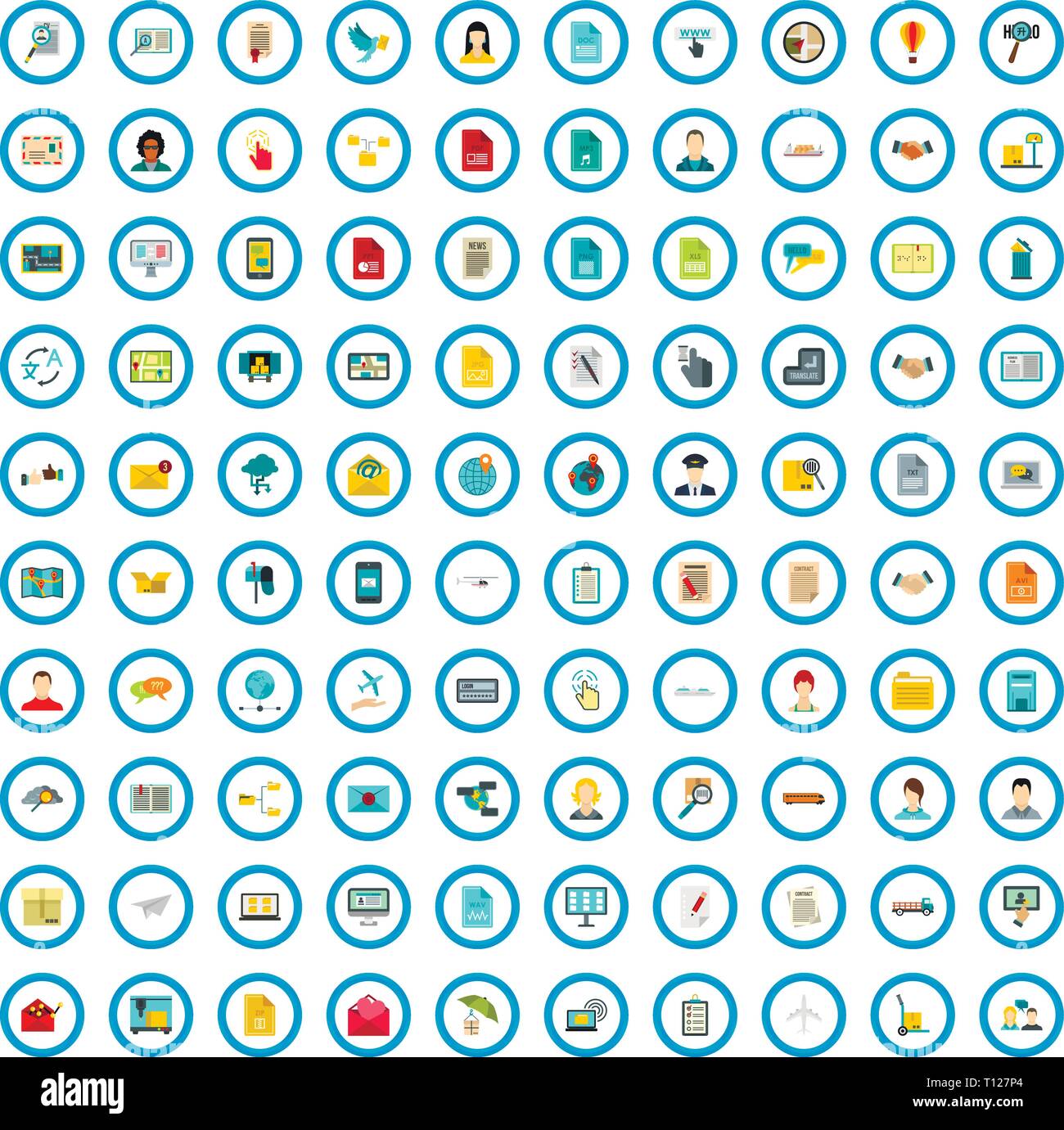 100 mail icons set, flat style Stock Vector