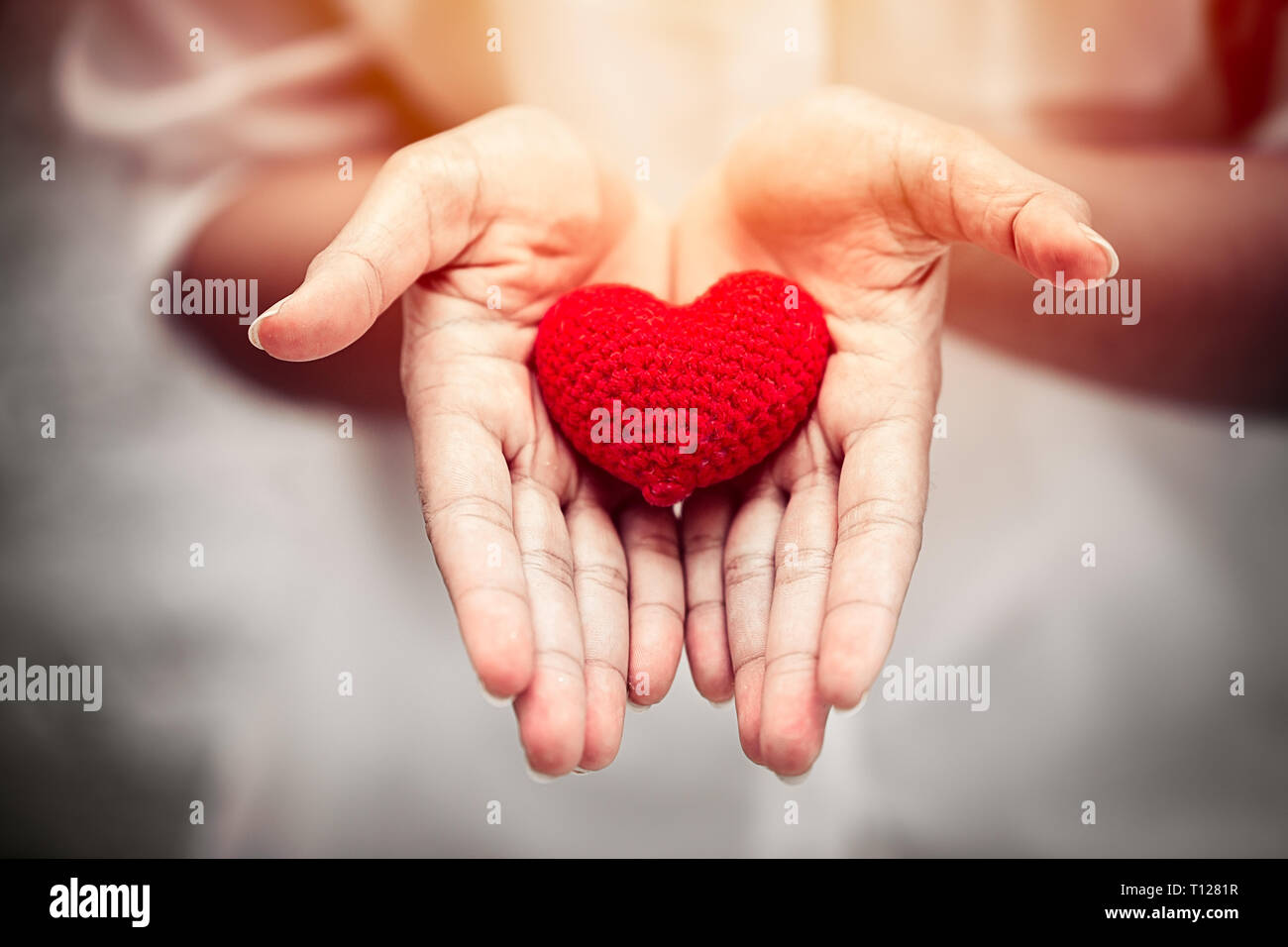 giving heart concept, beautiful love and share on girl hands. Stock Photo