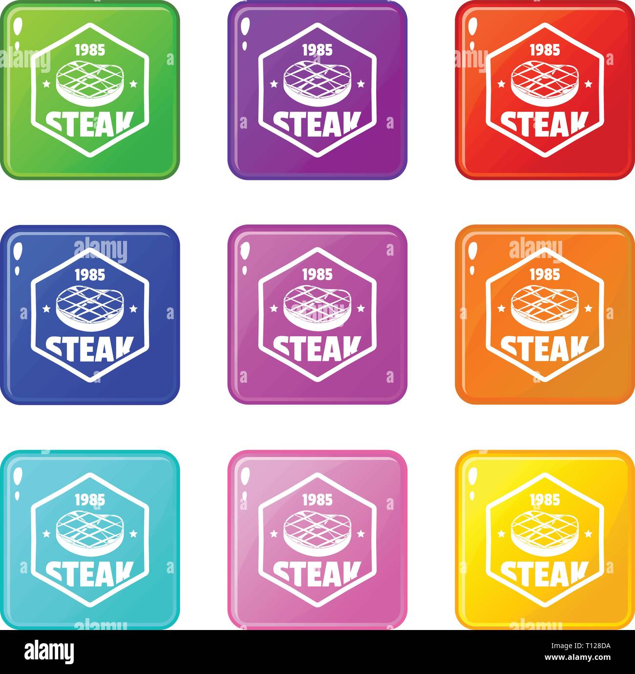 1985 steak icons set 9 color collection Stock Vector