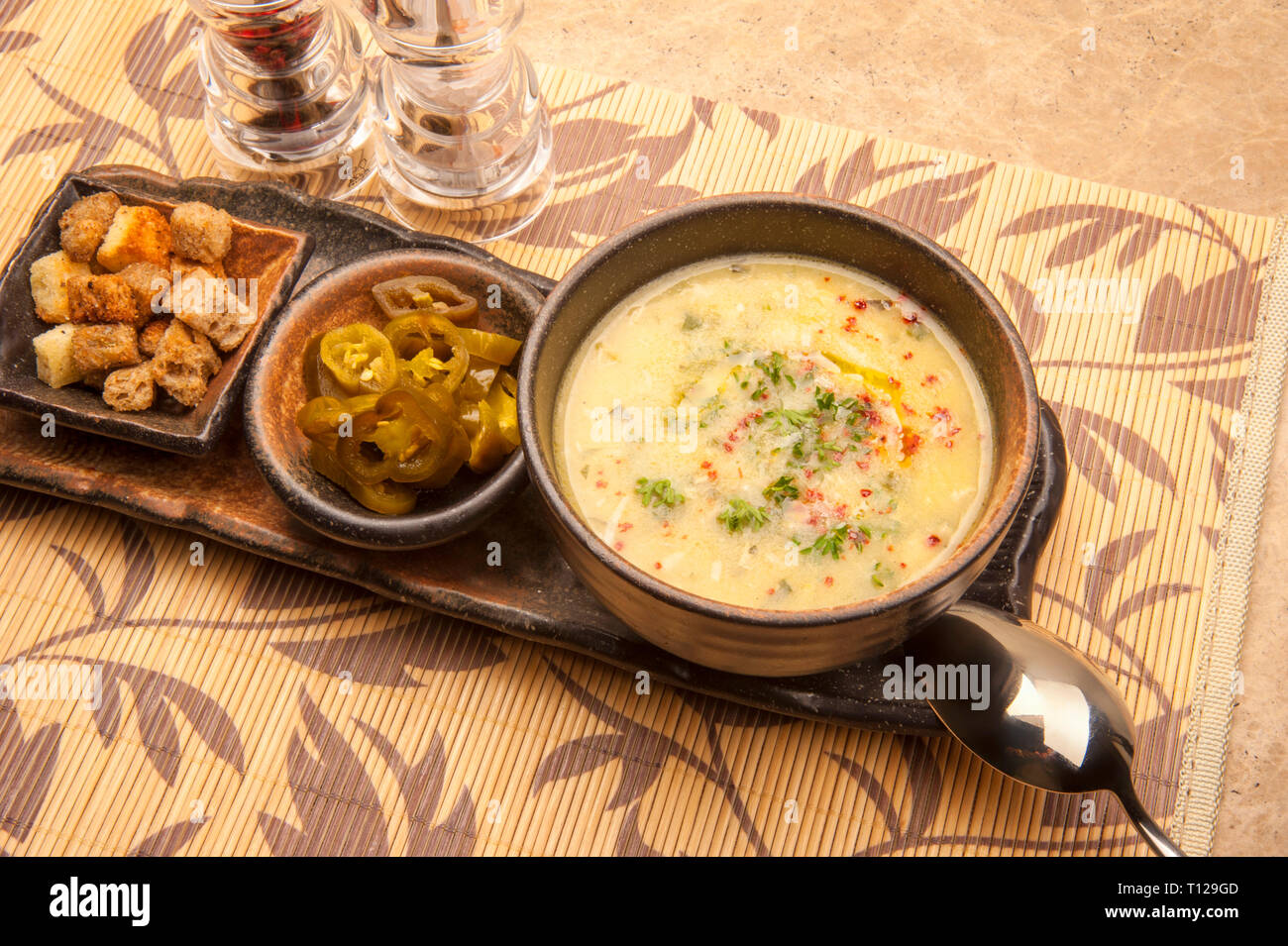 Mediterranean Turkish fish soup. Bur soup is very tasty and preferred. Made of Mediterranean fish. The traditional bit is the Turkish flavor. Stock Photo