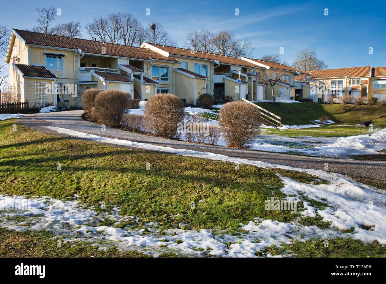 Estate of modern houses in winter, Sigtuna, Sweden, scandinavia Stock Photo