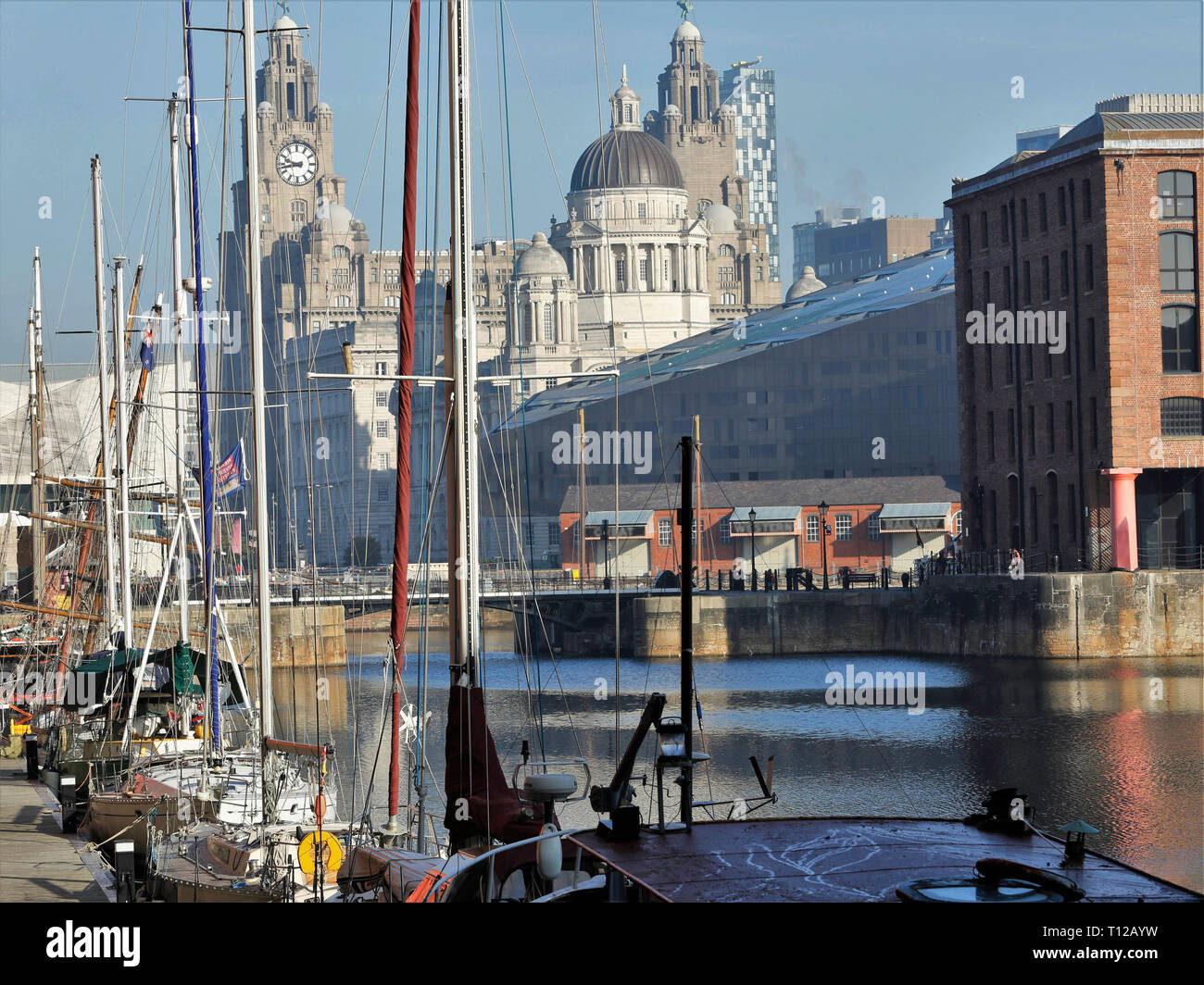 Testament to time.  Royal LIver Building and Port of Liverpool Building rise up behind modern building facades.  View from Albert Docks, Liverpool. Stock Photo