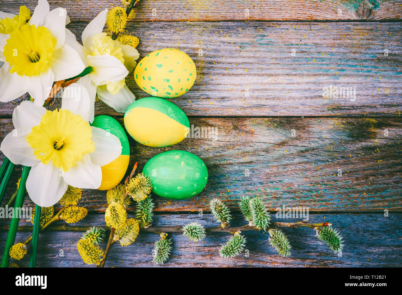 Easter composition of narcissus flower blooming willow twigs and Easter ...