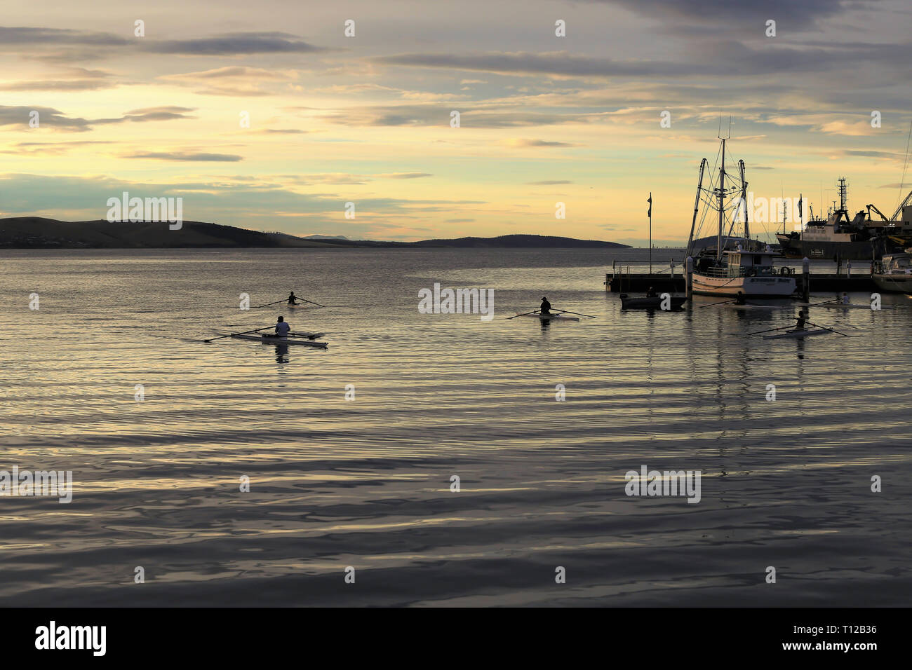 Early morning kayaking on the Derwent River, Hobart. Stock Photo