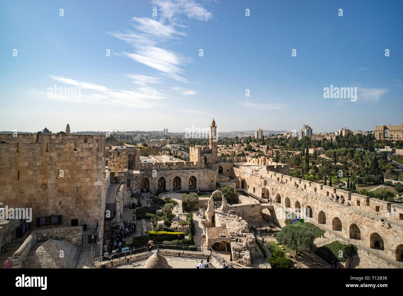 Panoramic view of David's tower at spring time in old city of Jerusalem, Israel. tower of David on the South wall of Jerusalem Stock Photo
