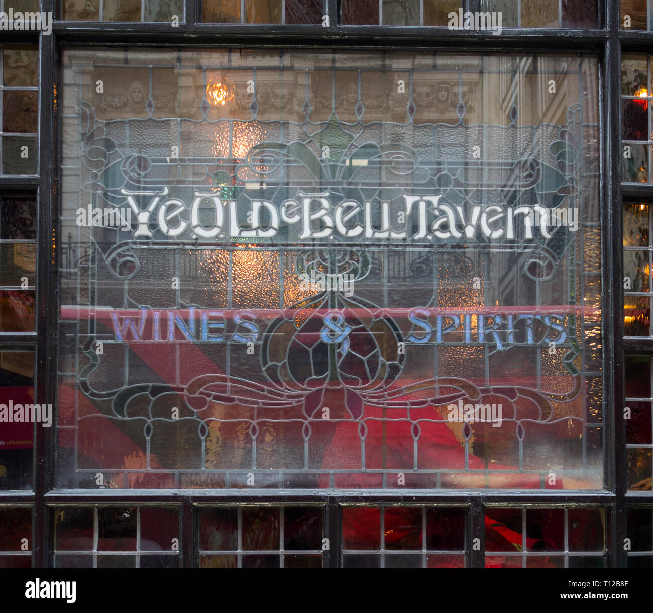 Stained Glass window in the Old Bell Tavern on Fleet Street, London, UK Stock Photo