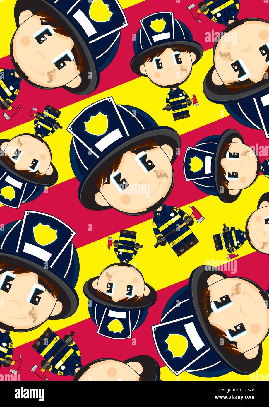 Cute Cartoon Big Head Firefighter with Axe Pattern Stock Vector
