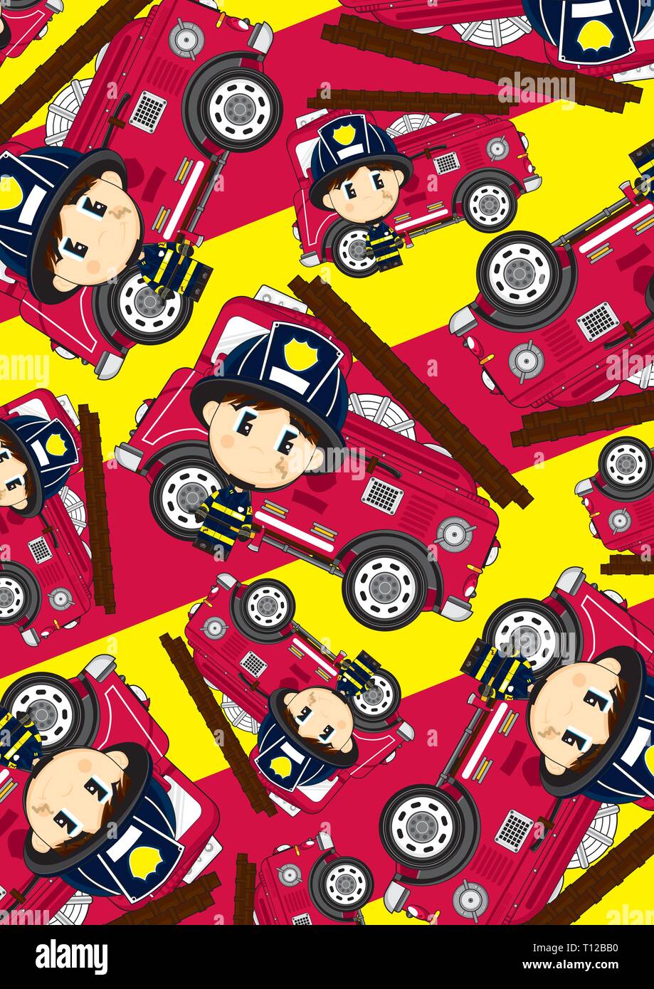 Cartoon Big Head Fireman with Axe an Fire Engine Pattern Stock Vector