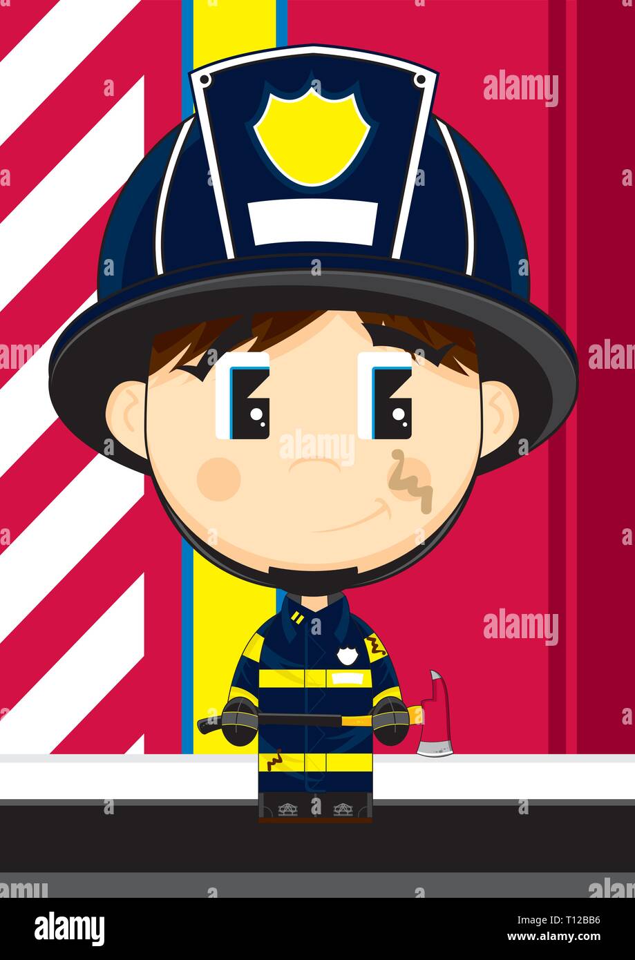 Cute Cartoon Big Head Firefighter with Axe Stock Vector