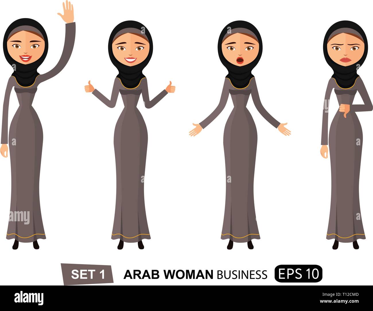 Emotions arab women set waving hand happy goodbye cartoon vector isolated on white eps 10 Stock Vector