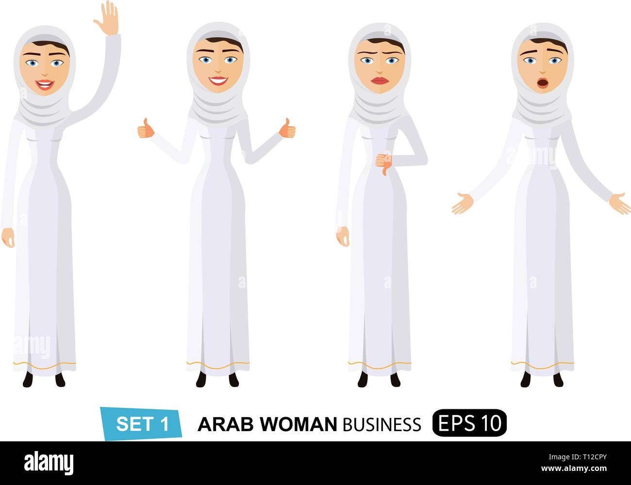 Emotions arab business women set waving hand happy goodbye cartoon vector isolated on white eps 10 Stock Vector